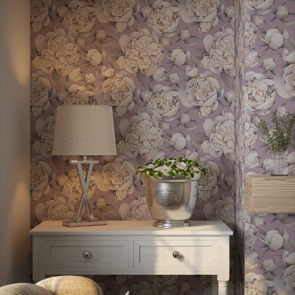 English Garden Peonies Wallpaper - English Lavender - LAN100366 - Lucie Annabel - Premier Wallcovering