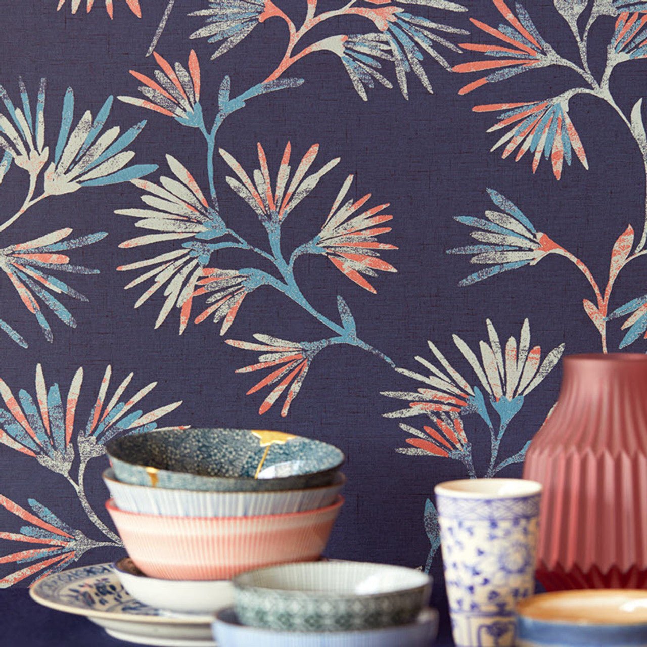 Enso Floral Style Wallpaper - Blue / Red - Eijffinger - 386542 - Premier Wallcovering