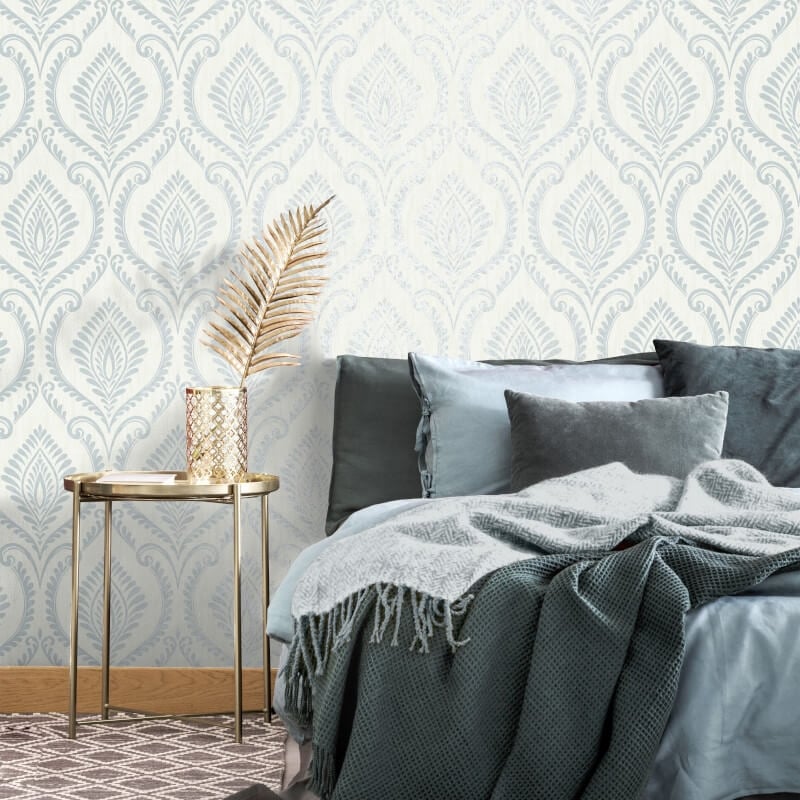 Estelle Damask Glitter Wallpaper - Mineral Blue - Crown - M1757 - Premier Wallcovering