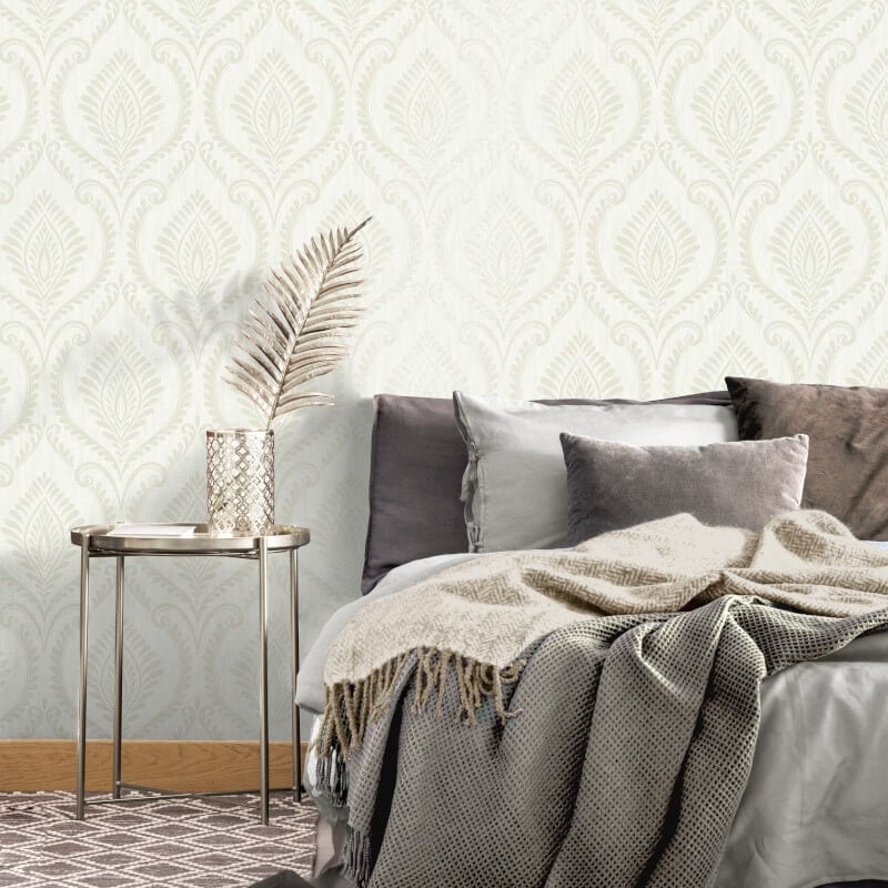 Estelle Damask Glitter Wallpaper - Soft White - Crown - M1759 - Premier Wallcovering