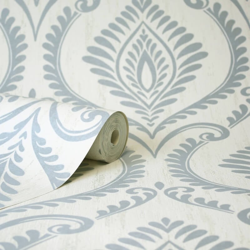 Estelle Damask Glitter Wallpaper - Mineral Blue - Crown - M1757 - Premier Wallcovering