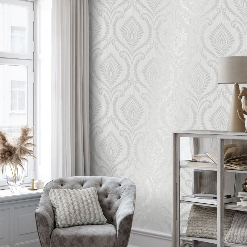 Estelle Damask Glitter Wallpaper - Grey - Crown - M1756 - Premier Wallcovering
