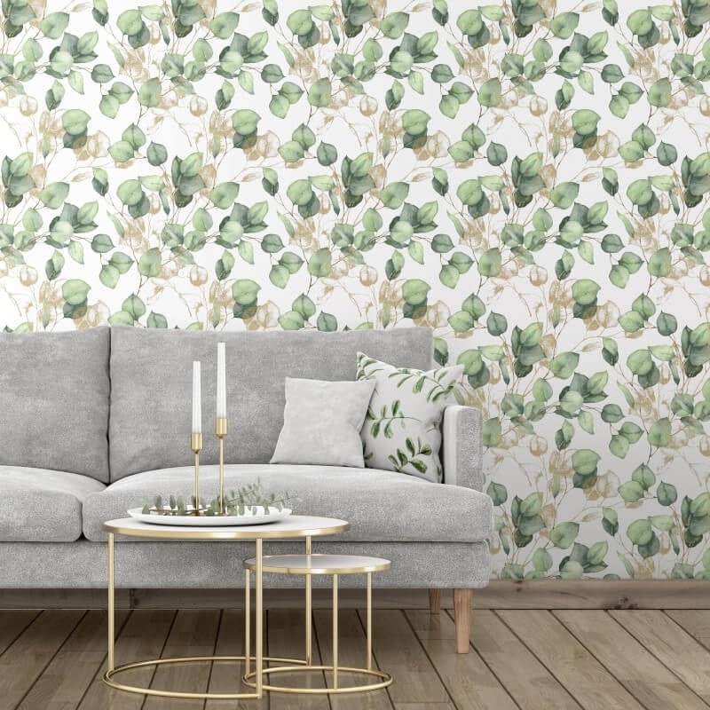 Eucalyptus Leaves Metallic Wallpaper - Green/Gold - Muriva - 210501 - Premier Wallcovering