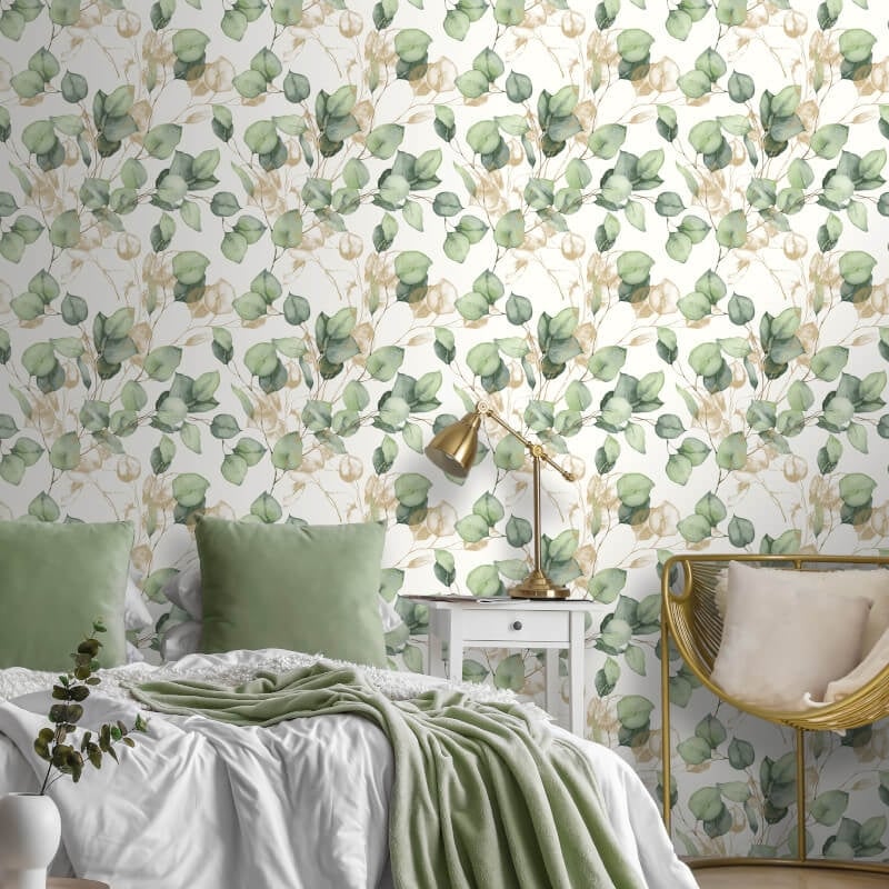 Eucalyptus Leaves Metallic Wallpaper - Green/Gold - Muriva - 210501 - Premier Wallcovering