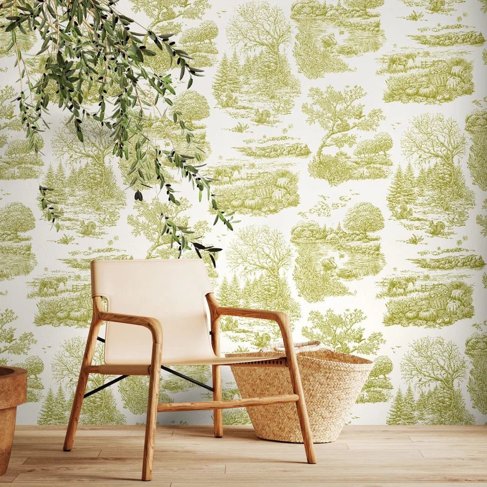 Eve Toile Wallpaper - Olive - Ohpopsi - RON50123W - Premier Wallcovering