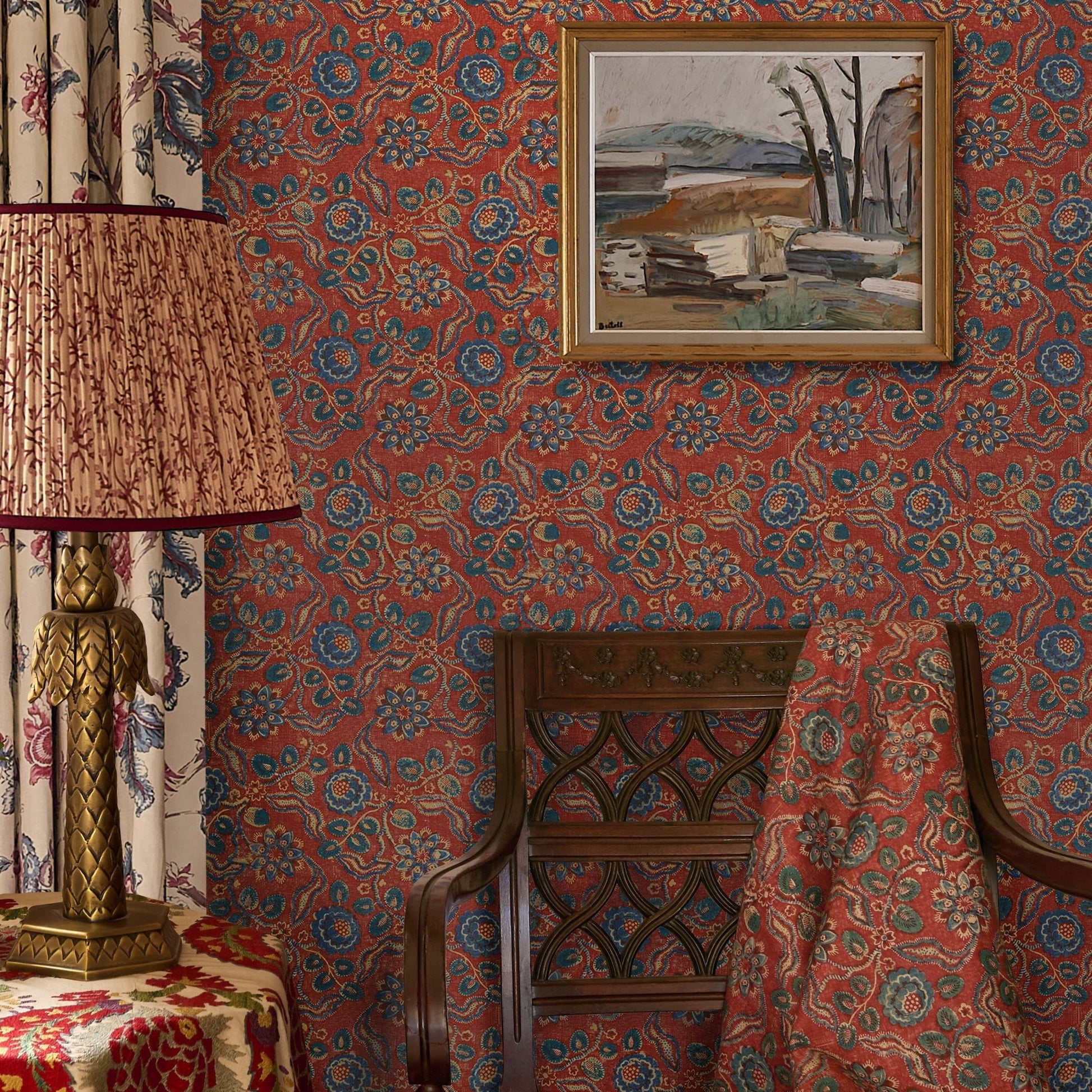 Evora Antique Wallpaper - Red/Blue - Penny Morrison - EVORA-RB - Premier Wallcovering