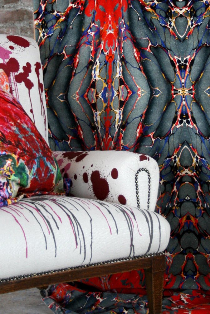 Ex Libris Velvet Fabric - Brick Red on Charcoal - Timorous Beasties - DIGI/EXLIB/40008/02 - Premier Wallcovering