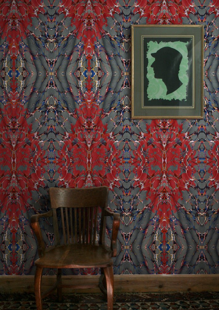 Ex Libris Wallpaper - Brick Red on Charcoal - Timorous Beasties - ROR/XLIB/PRL/04 - Premier Wallcovering