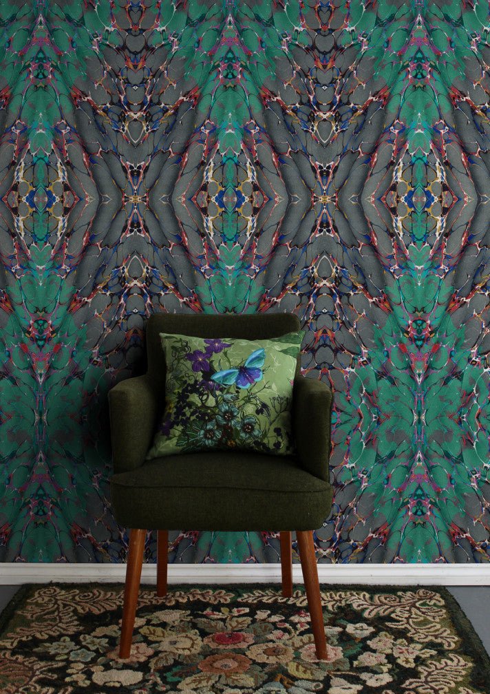 Ex Libris Wallpaper - Teal on Charcoal - Timorous Beasties - ROR/XLIB/PRL/05 - Premier Wallcovering