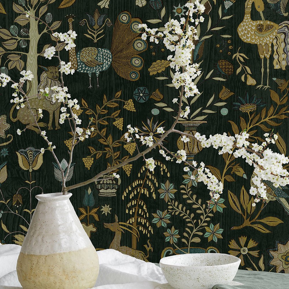Fable Garden Wallpaper - Olive and Black - Josephine Munsey - JMW-104511 - Premier Wallcovering