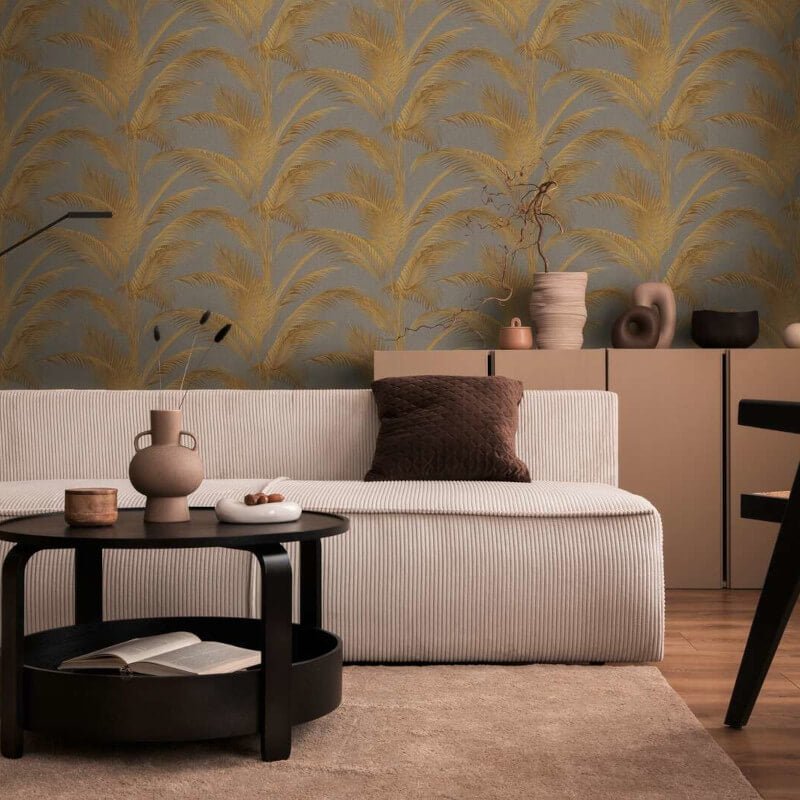 Fanned Palm Leaf Metallic Wallpaper - Brown/Gold - Michalsky Living - 39980-4 - Premier Wallcovering