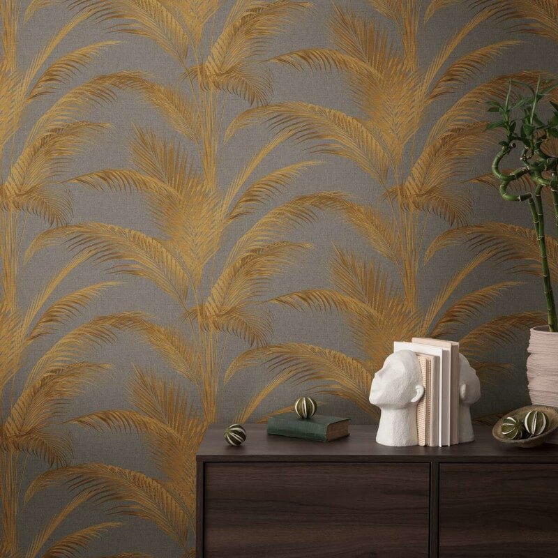 Fanned Palm Leaf Metallic Wallpaper - Brown/Gold - Michalsky Living - 39980-4 - Premier Wallcovering