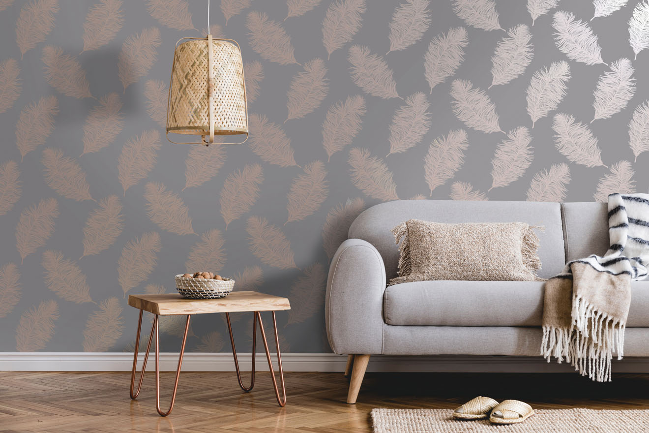 Fawning Feather Wallpaper - Grey / Rose Gold - Holden Décor - 12629 - Premier Wallcovering