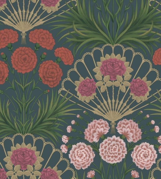 Flamenco Fan Wallpaper - Magenta, Red & Metallic Gilver on Ink - 117/14044 - Cole & Son - Premier Wallcovering