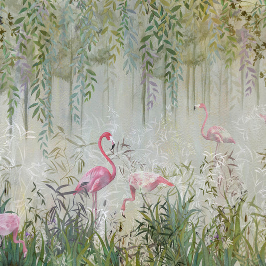 Flamingo Garden Wall Mural - Green - NLXL - UON - 03 - Premier Wallcovering
