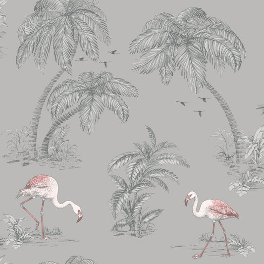 Flamingo Lake Wallpaper - Grey/Coral - Holden Décor - 12381 - Premier Wallcovering