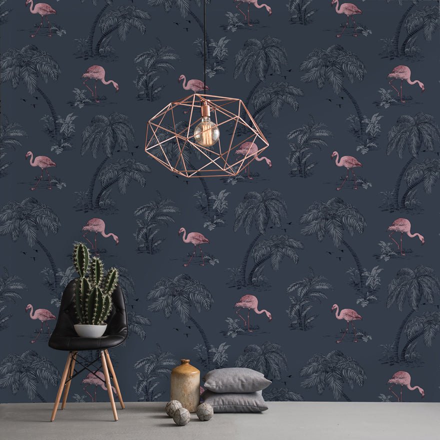 Flamingo Lake Wallpaper - Midnight Blue/Pink - Holden Décor - 12382 - Premier Wallcovering