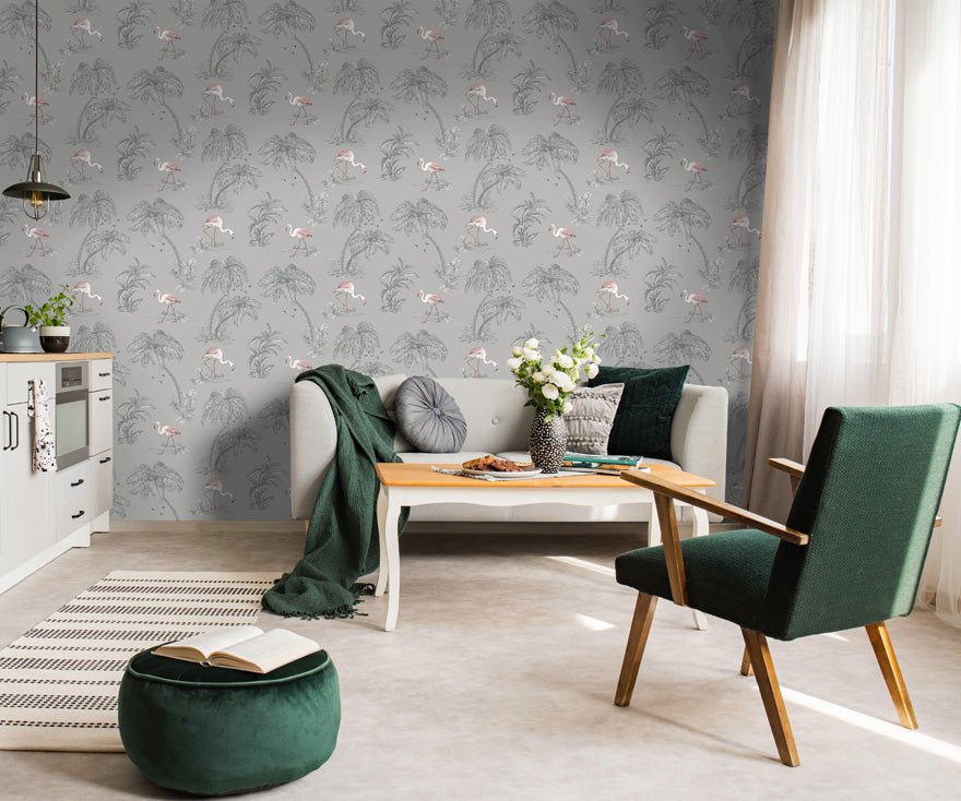 Flamingo Lake Wallpaper - Grey/Coral - Holden Décor - 12381 - Premier Wallcovering