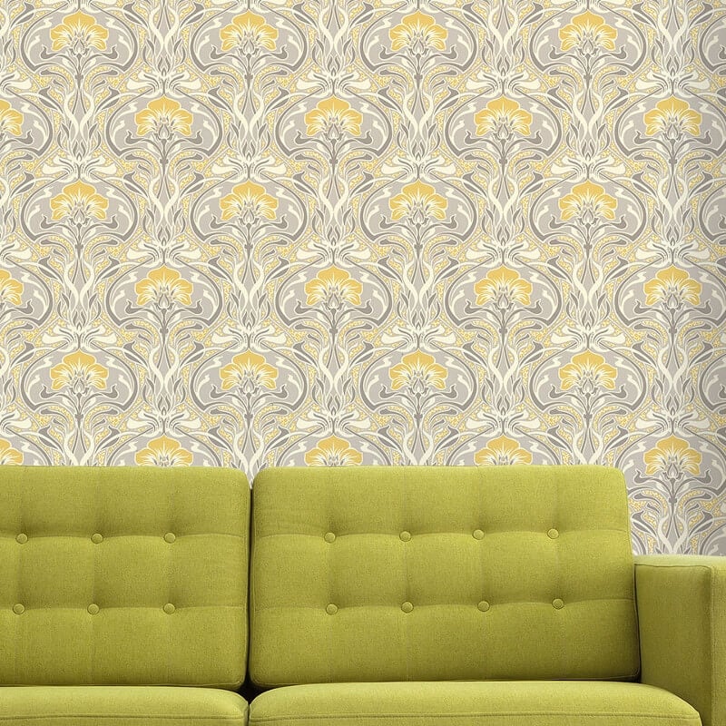 Flora Nouveau Floral Wallpaper - Yellow - Crown - M1195 - Premier Wallcovering