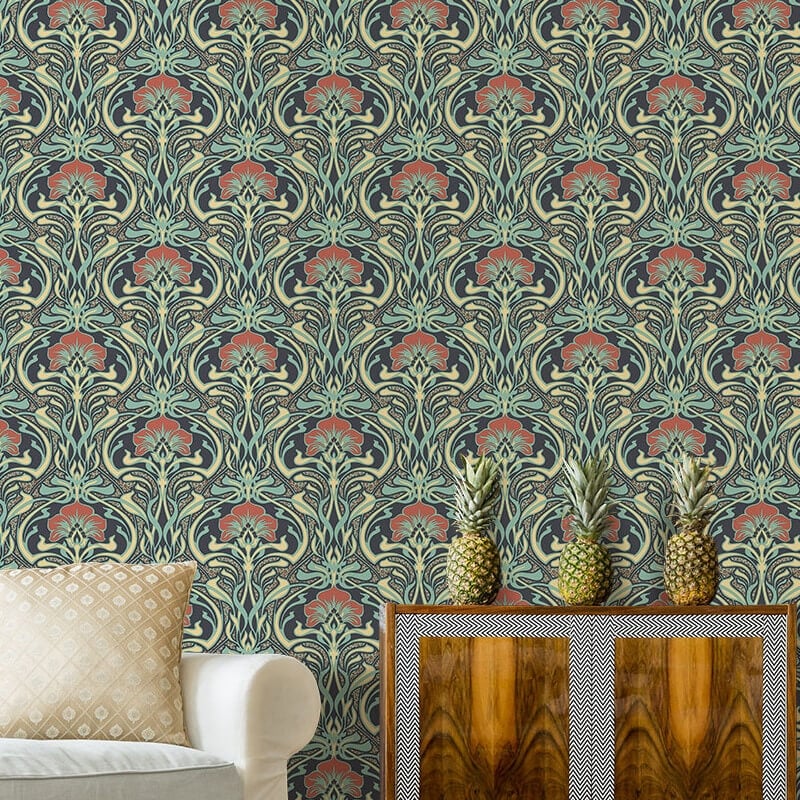 Flora Nouveau Floral Wallpaper - Peacock Green - Crown - M1196 - Premier Wallcovering