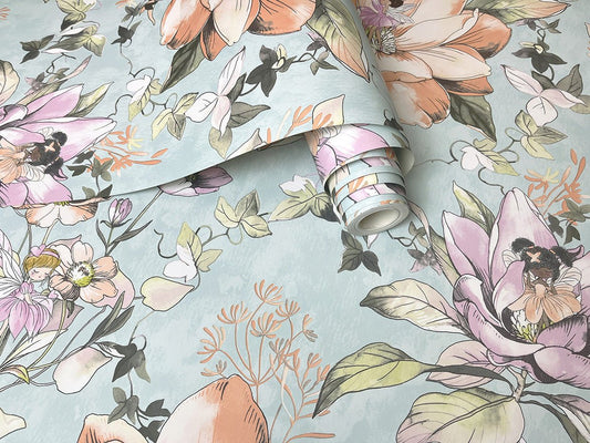 Floral Fairies Wallpaper - Teal - Holden Décor - 13210 - Premier Wallcovering