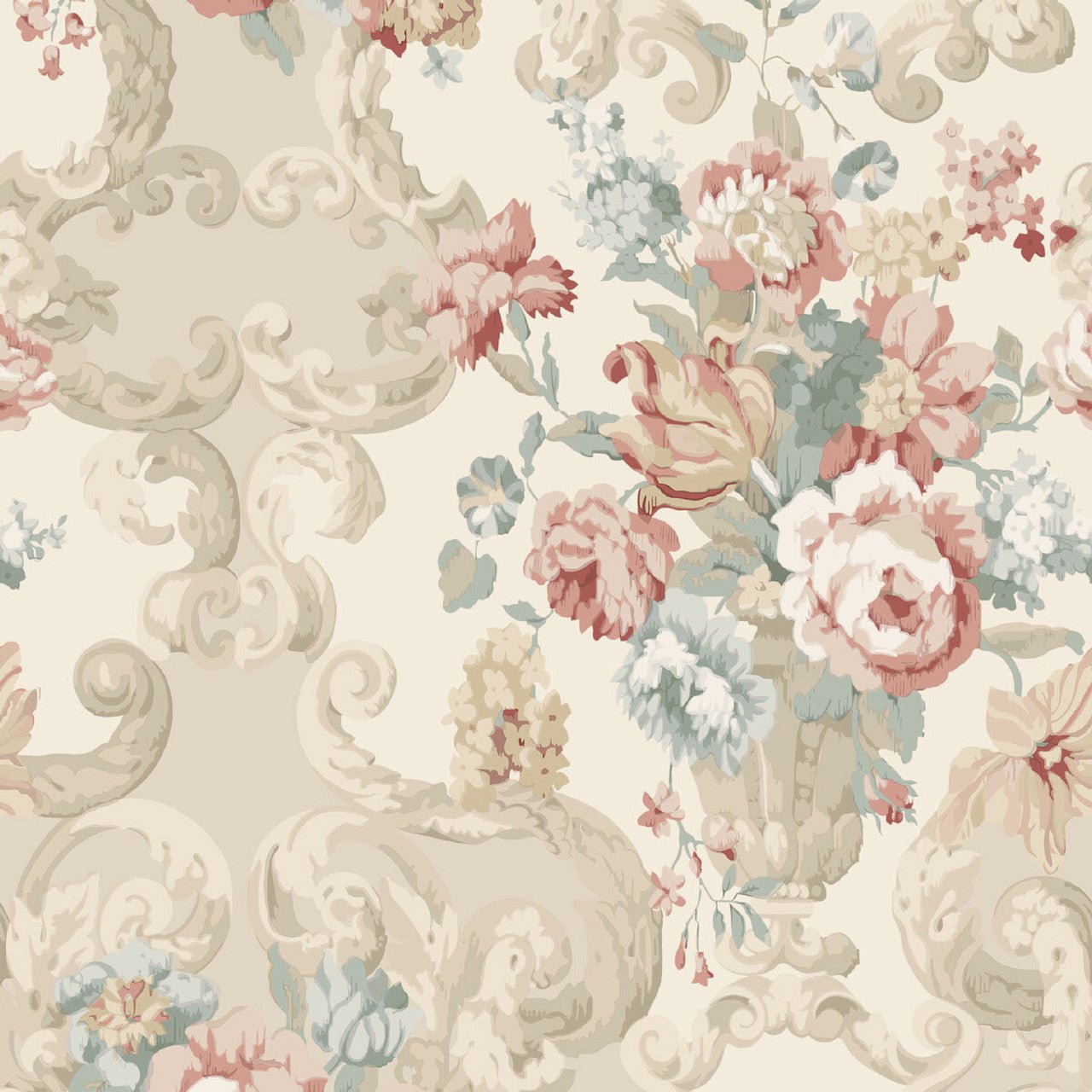 Floral Rococo Wallpaper - Lovat / Red - Mulberry Home - FG103/R114 - Premier Wallcovering