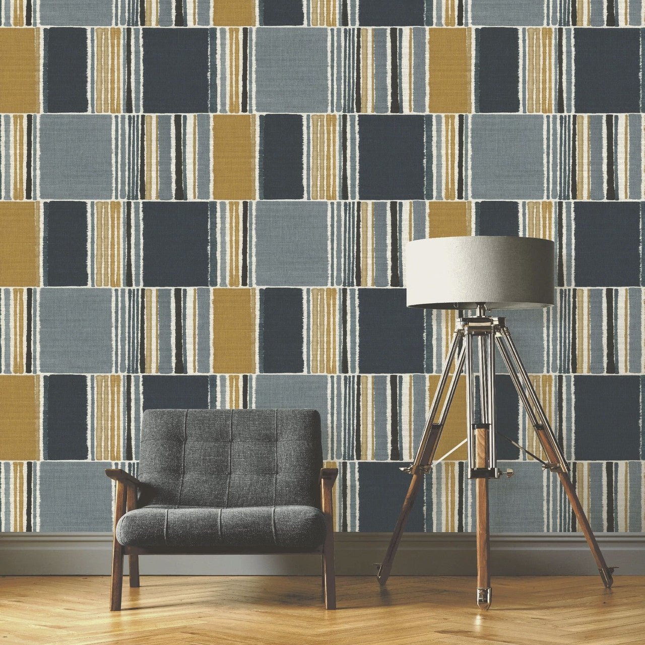 Florentine III Emporium Geo Wallpaper - Navy & Yellow - Rasch - 484441 - Premier Wallcovering
