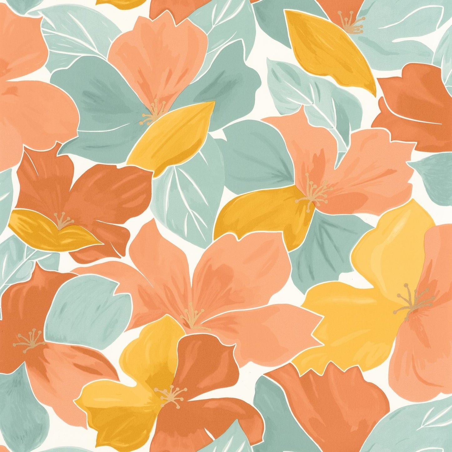 Flower Power August Wallpaper - Vert D'eau Ocre Corail - Caselio - 101887023 - Premier Wallcovering
