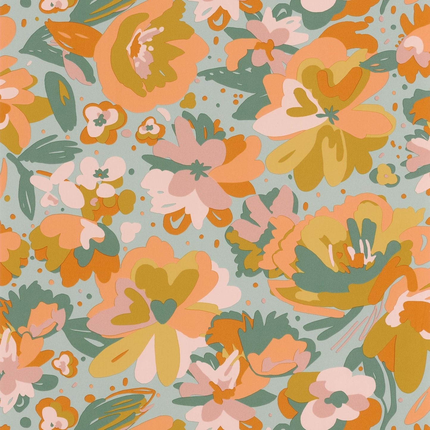 Flower Power July Wallpaper - Vert D'eau Ocre Corail - Caselio - 101877023 - Premier Wallcovering