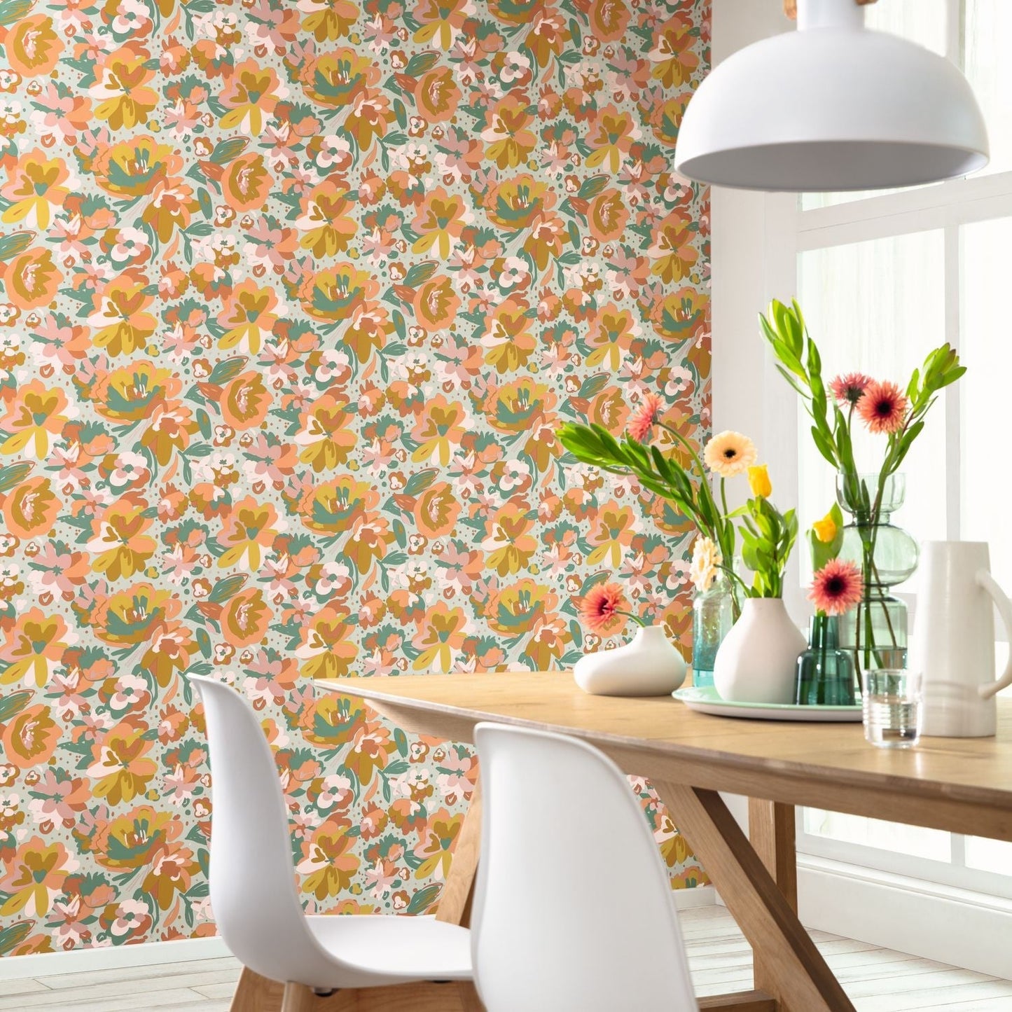 Flower Power July Wallpaper - Vert D'eau Ocre Corail - Caselio - 101877023 - Premier Wallcovering
