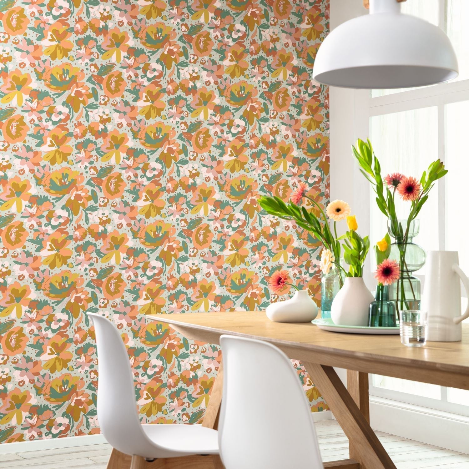 Flower Power July Wallpaper - Vert D'eau Ocre Corail - Caselio - 101877023 - Premier Wallcovering