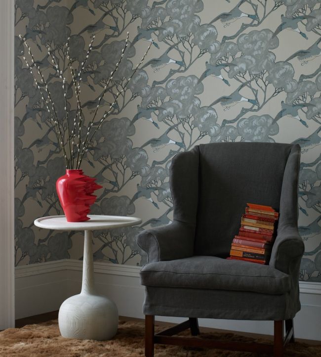 Flying Ducks Wallpaper - Sky /Moss - Mulberry Home - FG066/H22 - Premier Wallcovering
