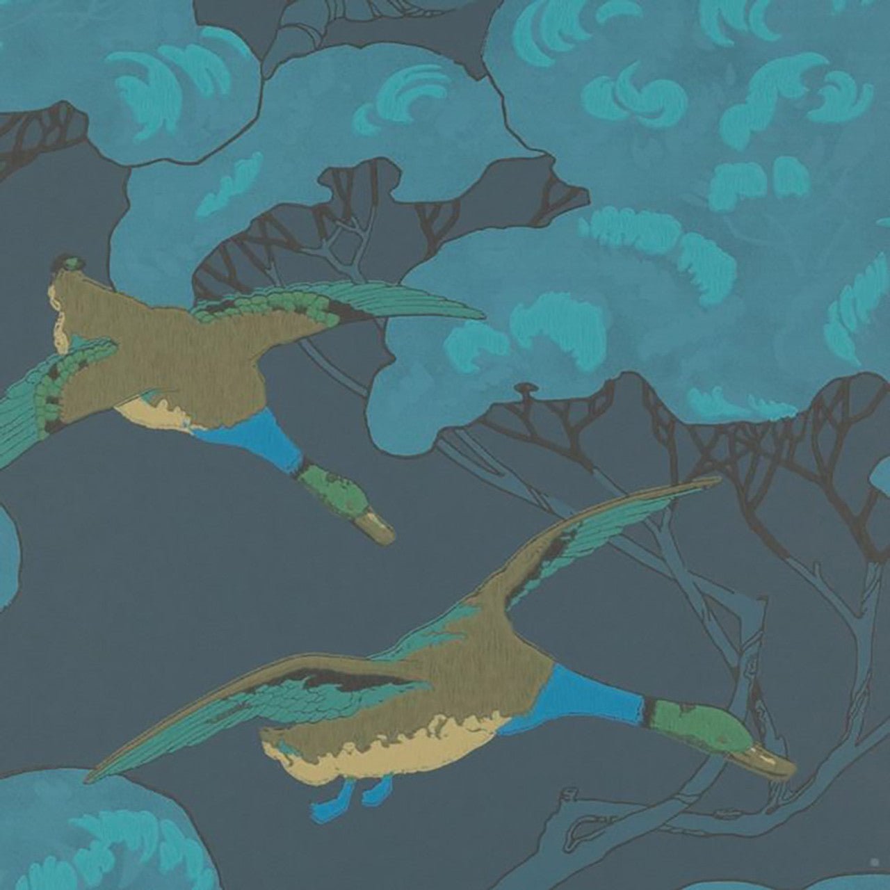 Flying Ducks Wallpaper - Indigo - Mulberry Home - FG090/H10 - Premier Wallcovering