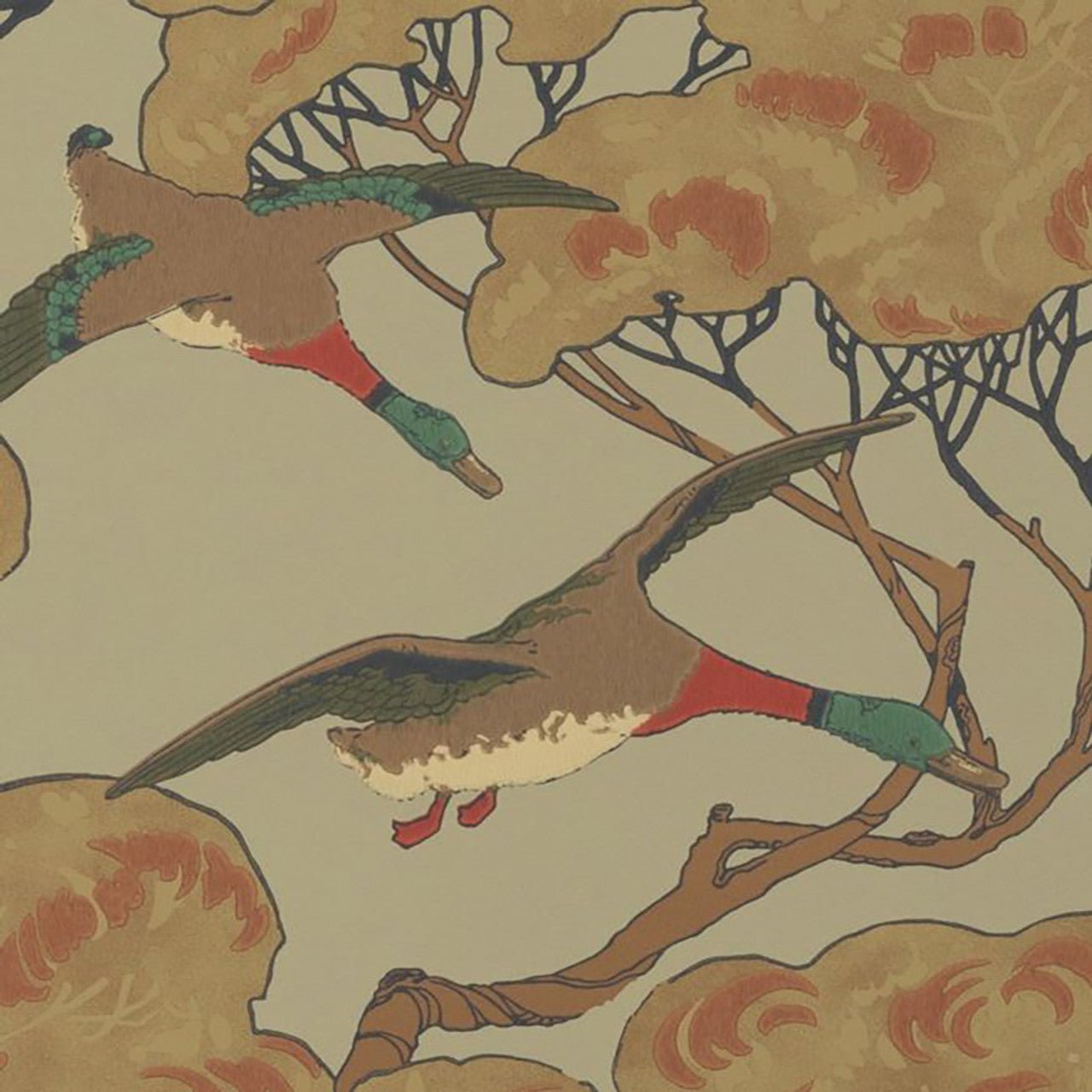 Flying Ducks Wallpaper - Sky/Moss - Mulberry Home - FG090/H22 - Premier Wallcovering