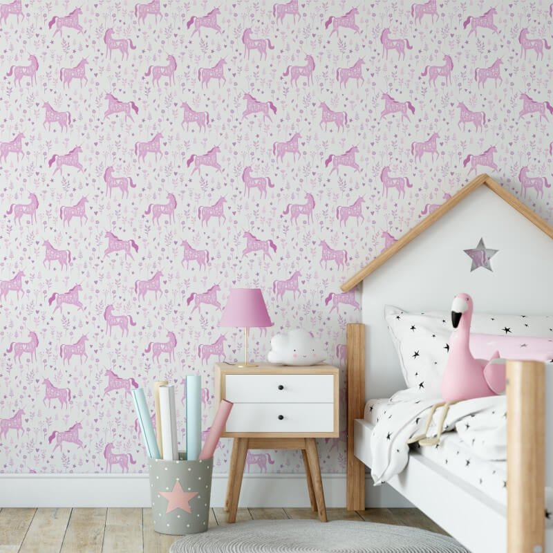 Folk Unicorn Wallpaper - Pink - Catherine Lansfield - 165570 - Premier Wallcovering