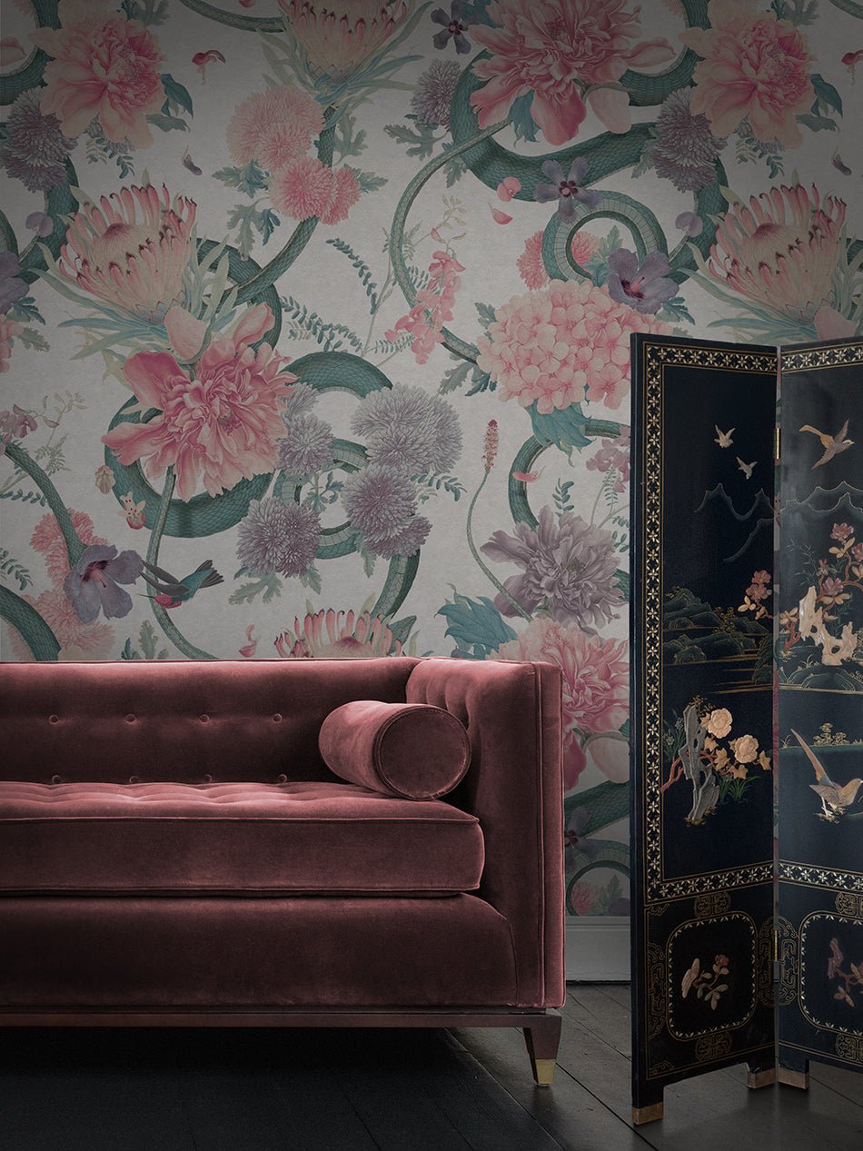 Forbidden Bloom Faux Suede Wallpaper - Bone White - Divine Savages - DVS127-FBL-BONE-SUEDE-WR - Premier Wallcovering