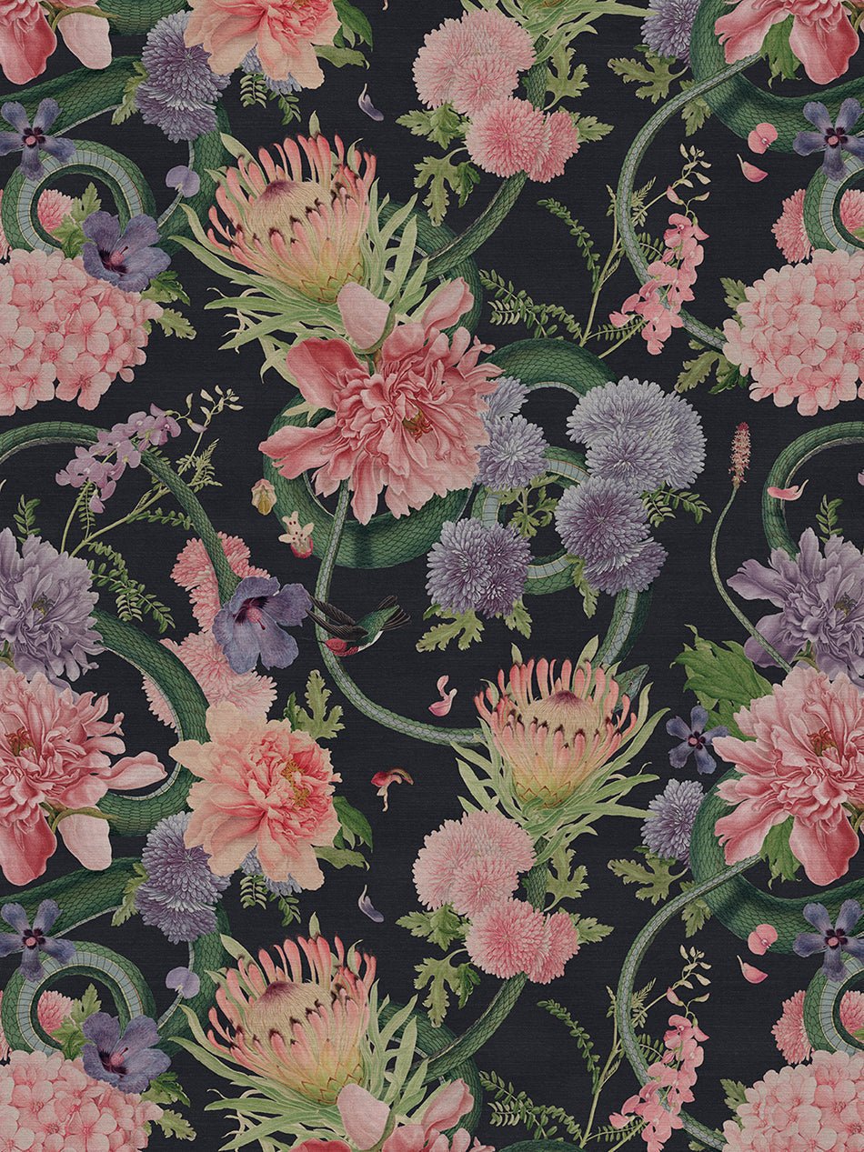 Forbidden Bloom Recycled Velvet Fabric - Black - Divine Savages - DVS030-FBL-BLK-VEL - Premier Wallcovering