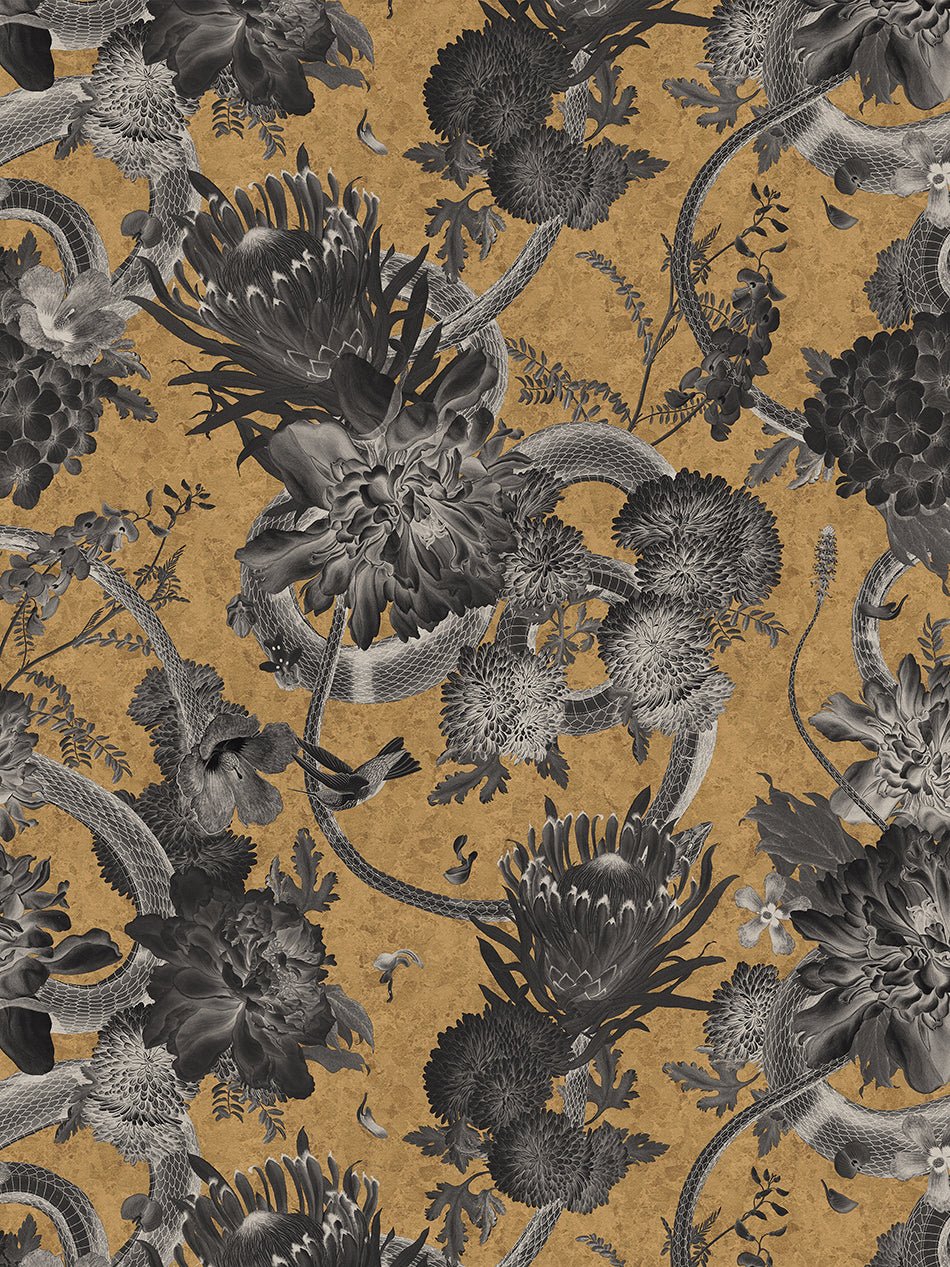 Forbidden Bloom Recycled Velvet Fabric - Gold - Divine Savages - DVS144-FBL-GLDL-VEL-MET - Premier Wallcovering