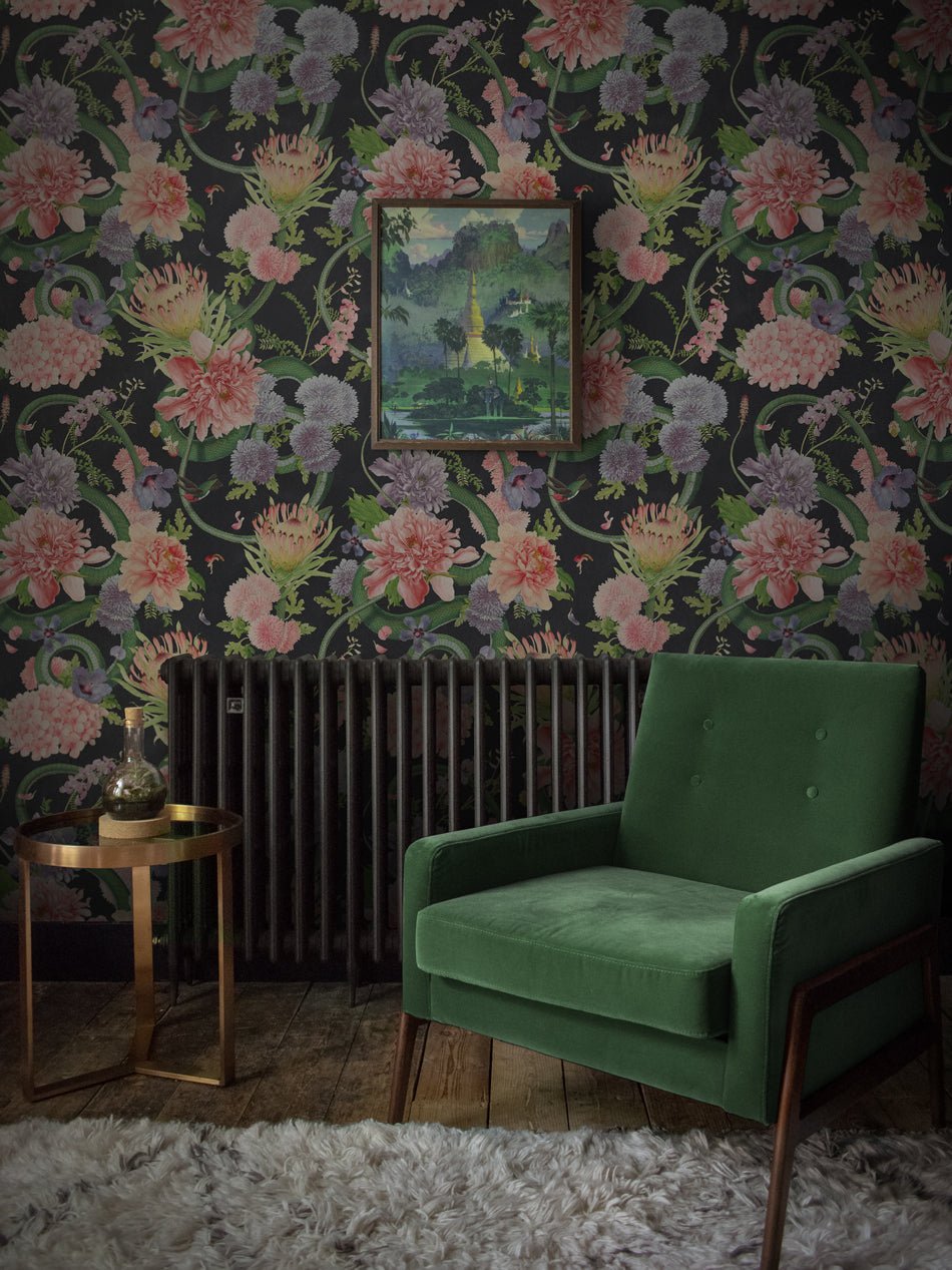 Forbidden Bloom Wallpaper - Black - Divine Savages - DVS030-FBL-BLK-WS - Premier Wallcovering