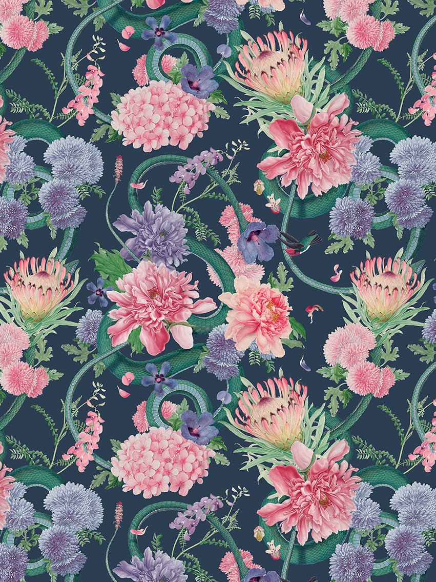 Forbidden Bloom Wallpaper - Deep Blue - Divine Savages - DVS031-FBL-DBL-WR - Premier Wallcovering