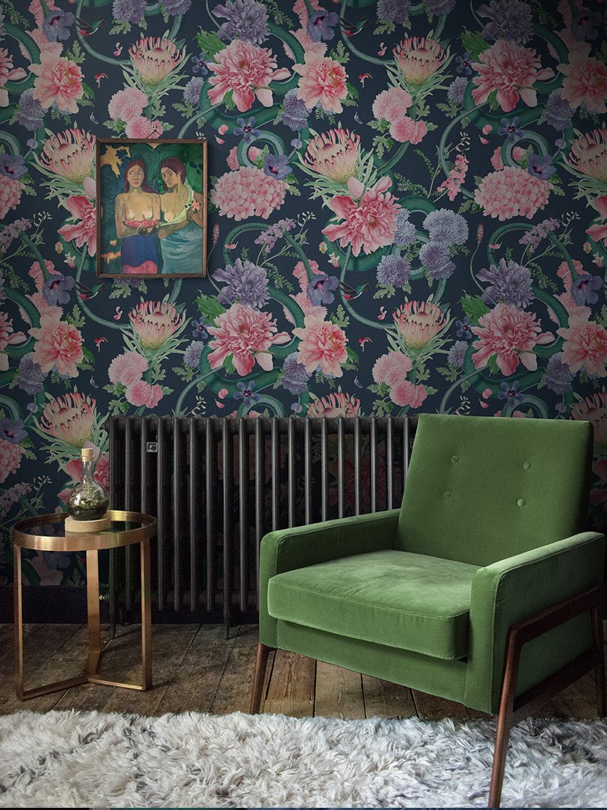 Forbidden Bloom Wallpaper - Deep Blue - Divine Savages - DVS031-FBL-DBL-WR - Premier Wallcovering