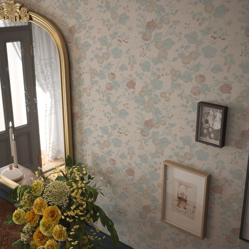 Forgotten Fruit Wallpaper - Duck Egg and Pomegranate on Vintage Cream - LAN100069 - Lucie Annabel - Premier Wallcovering