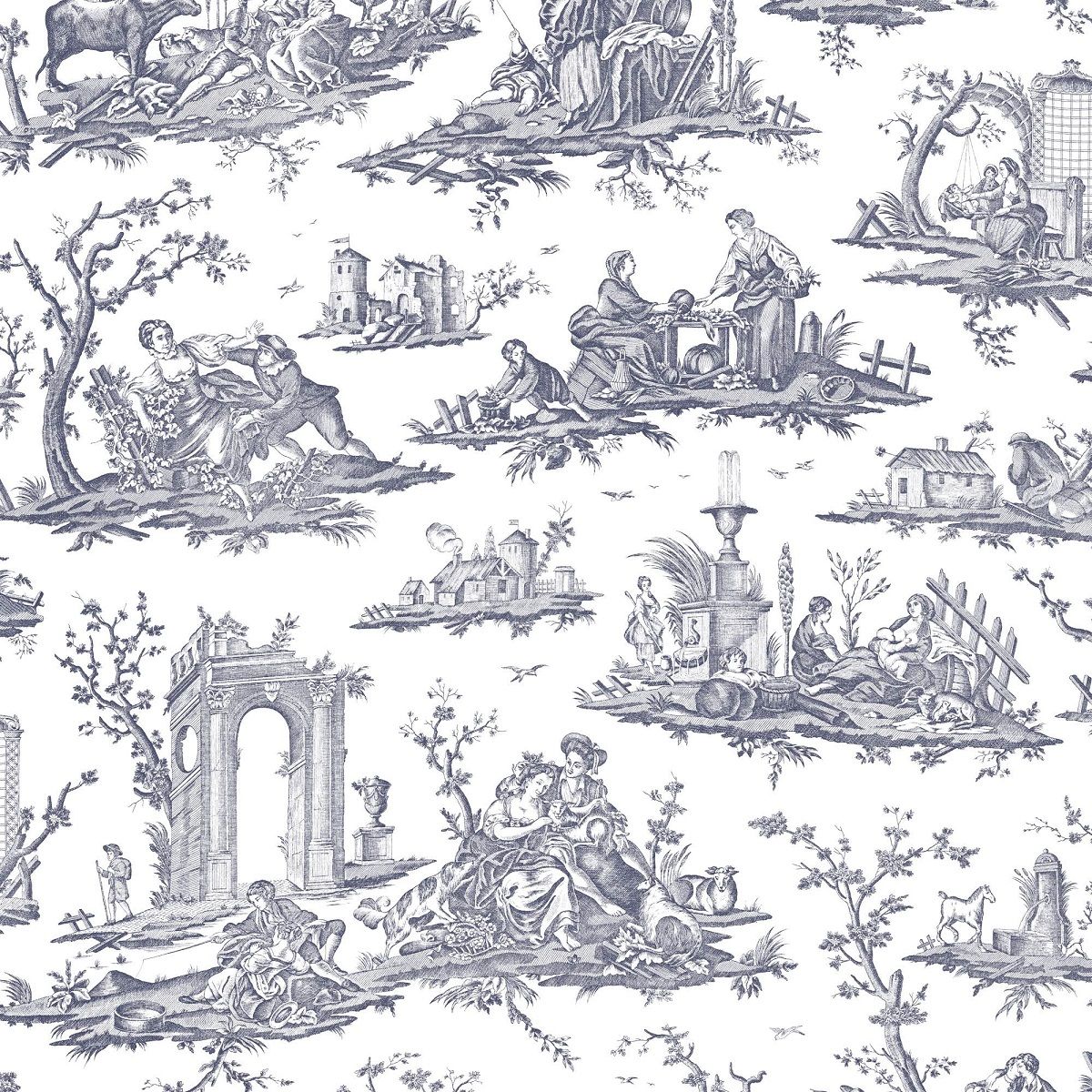 Fragonard Toile Wallpaper - Blue - Charles Burger - PP1471005 - Premier Wallcovering