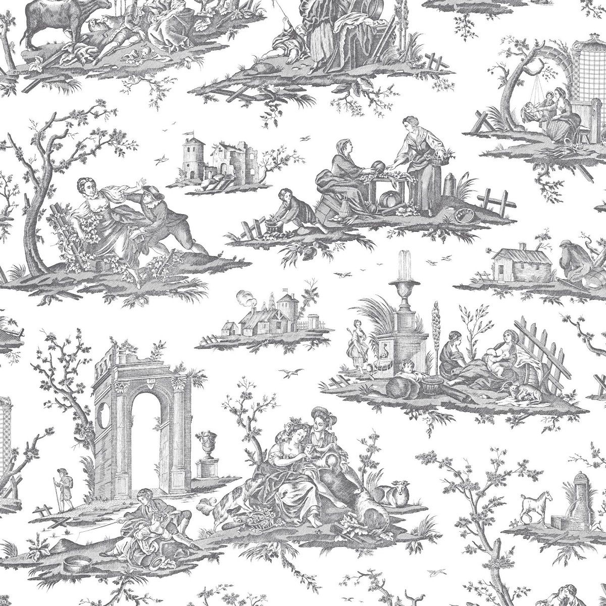 Fragonard Toile Wallpaper - Black & White - Charles Burger - PP1471002 - Premier Wallcovering