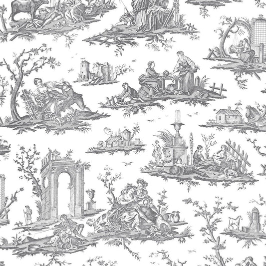 Fragonard Toile Wallpaper - Black & White - Charles Burger - PP1471002 - Premier Wallcovering