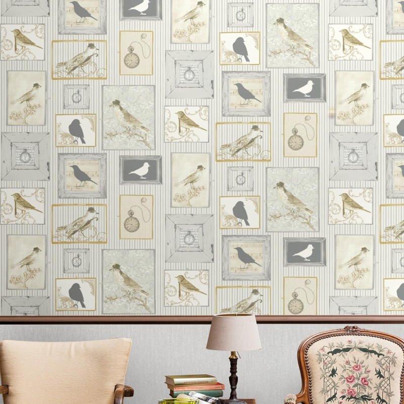Framed Birds Wallpaper - Silver/Multi - SK Filson - FI2501 - Premier Wallcovering