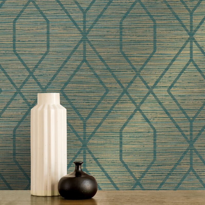 Fusion Trellis Metallic Wallpaper - Teal - Crown - M1773 - Premier Wallcovering