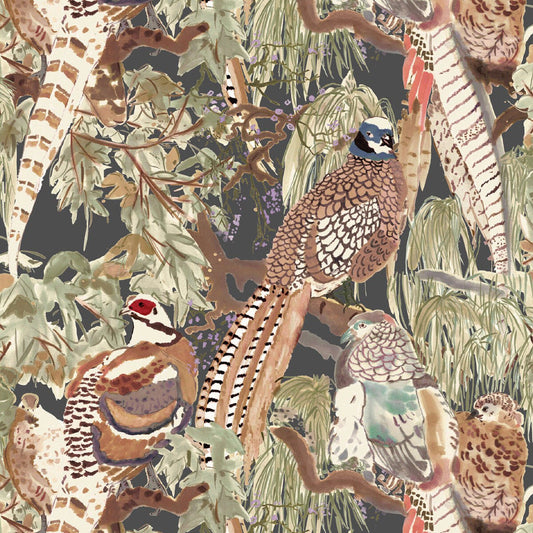 Game Birds Wallpaper - Charcoal - Mulberry Home - FG101/A101 - Premier Wallcovering
