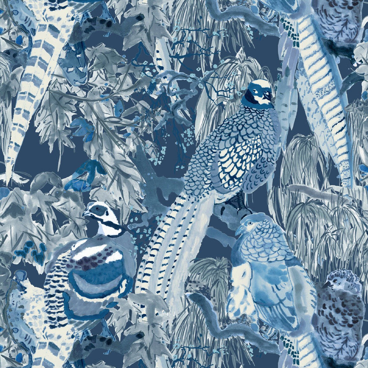 Game Birds Wallpaper - Indigo - Mulberry Home - FG101/H10 - Premier Wallcovering