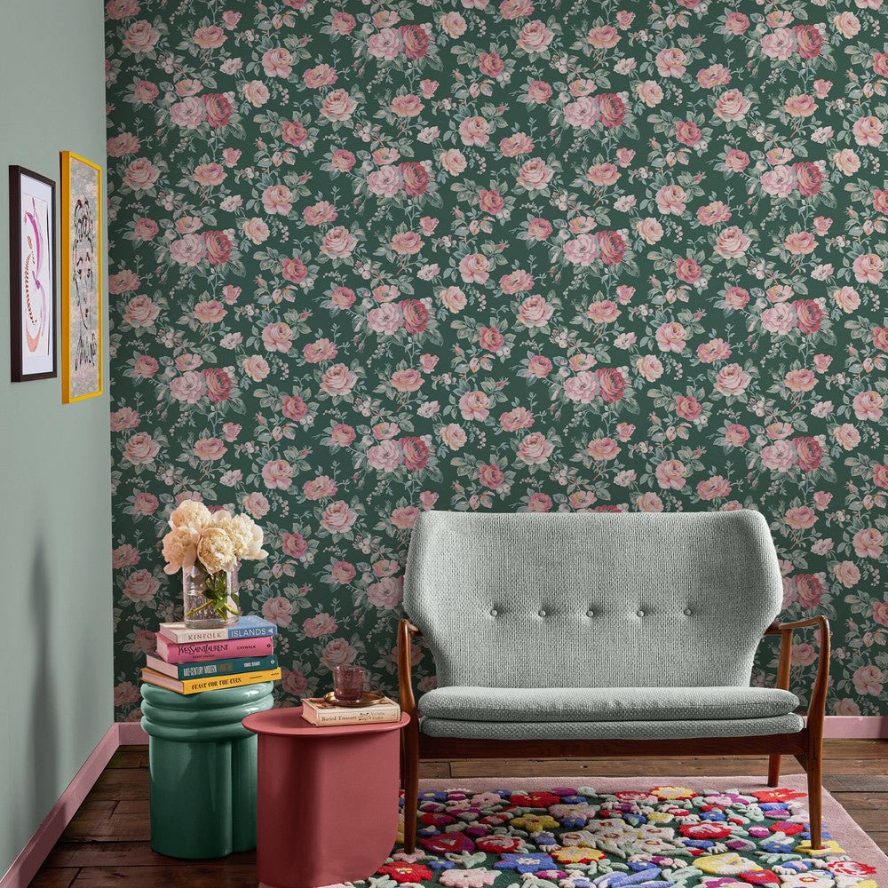 Garden Rose Wallpaper - Green - 125502 - Cath Kidston - Premier Wallcovering